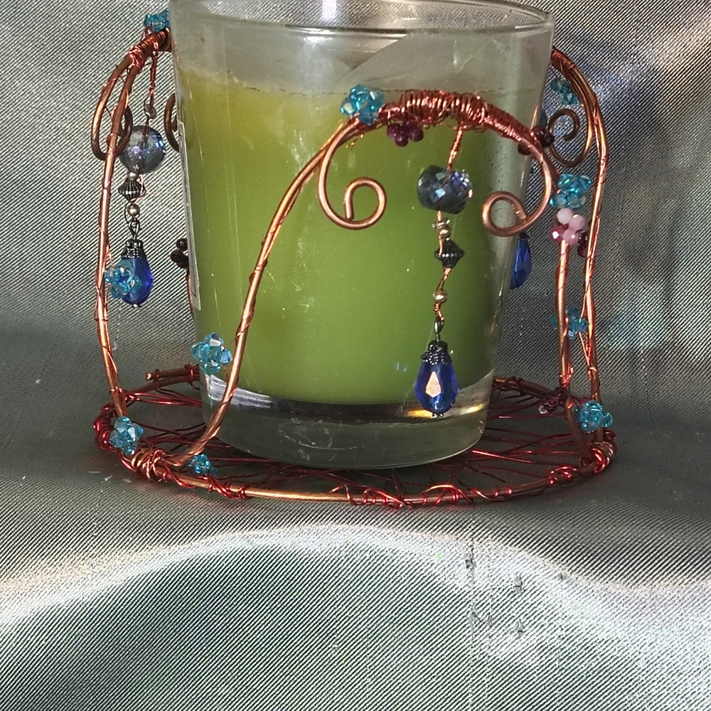 Handcrafted Copper Wire Candle Holder with Green Candle